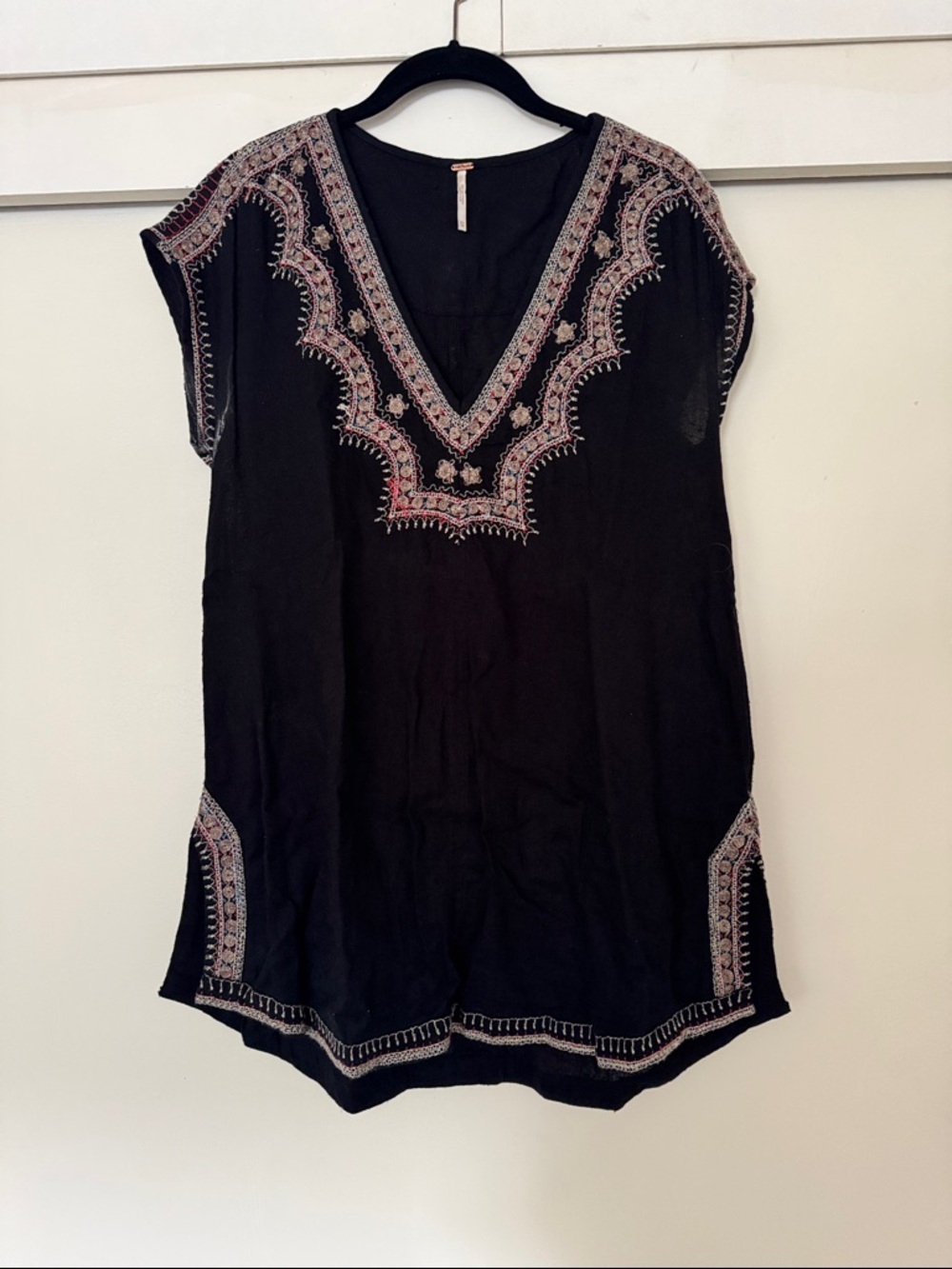 Free People Black V-Neck Embroidered Tunic with Pink and Cream Accents